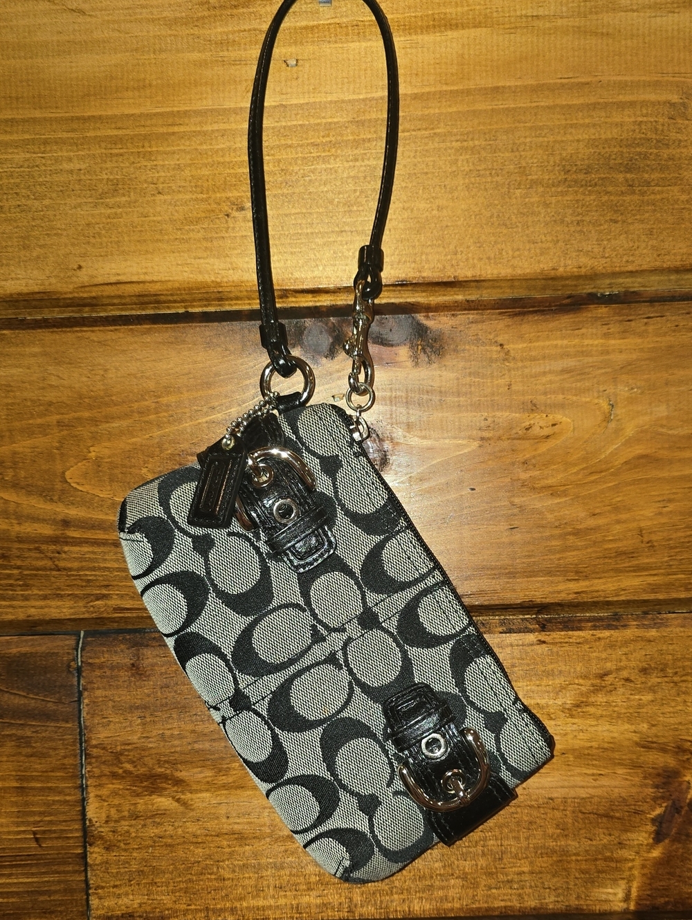 Coach Signature Pattern Wristlet in Black and Gray